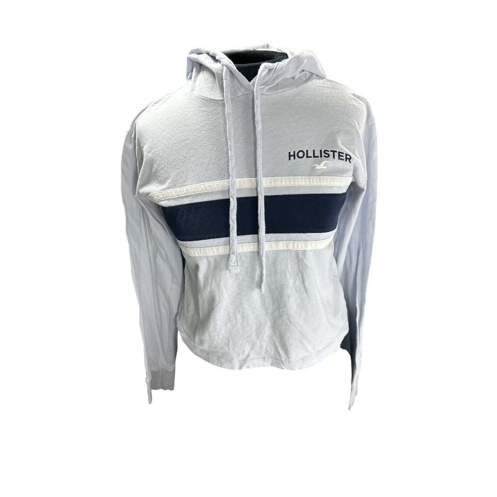 Hollister Womens Light blue Hoodie With Navy & White Stripes Long Sleeves Croppe